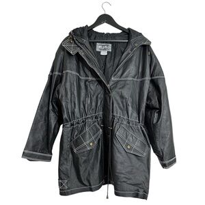 Otello Pelle Black Leather Hooded Vintage Jacket White Stitching Size Large